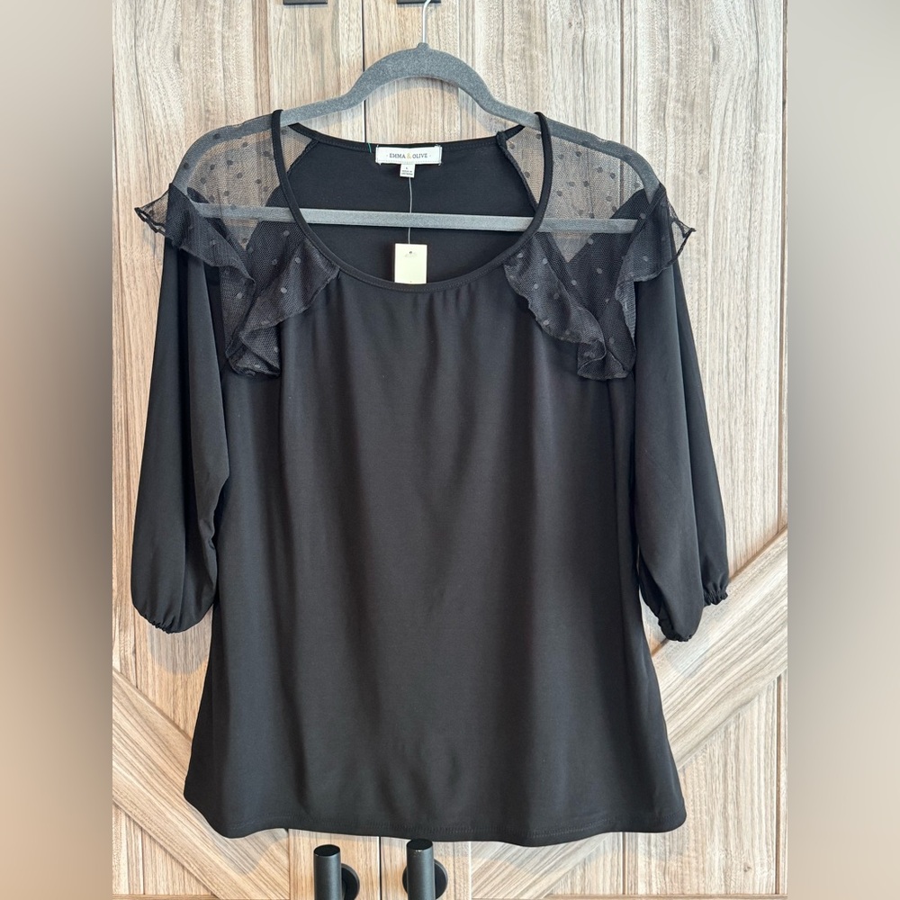 NWT Emma & Olive Black Ruffle Detail Top